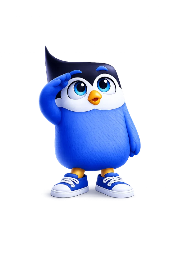 Clicko, o mascote da MPM, batendo continência
